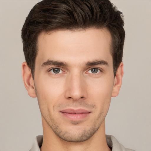 Neutral white young-adult male with short  brown hair and brown eyes