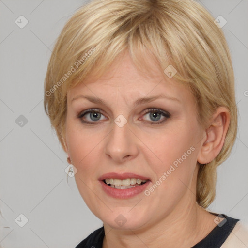 Joyful white adult female with medium  brown hair and grey eyes