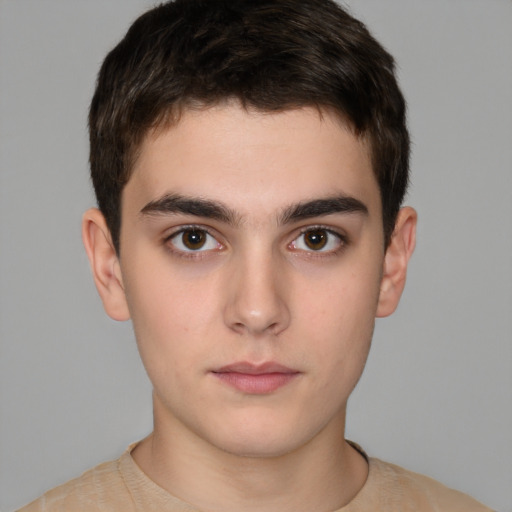 Neutral white young-adult male with short  brown hair and brown eyes