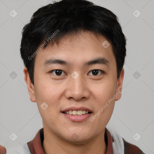 Joyful white young-adult male with short  black hair and brown eyes