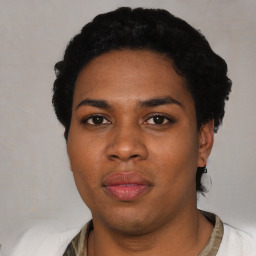 Neutral black young-adult female with short  black hair and brown eyes