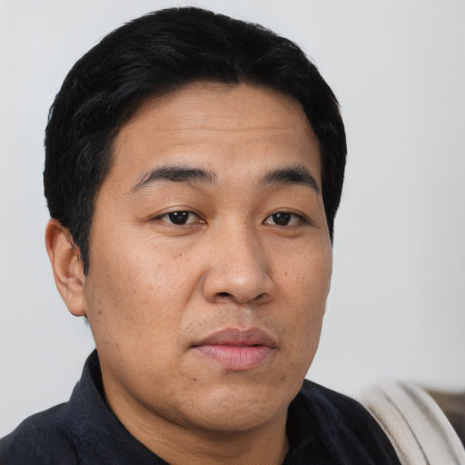 Joyful asian young-adult male with short  black hair and brown eyes