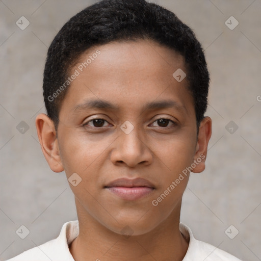 Joyful black young-adult male with short  brown hair and brown eyes