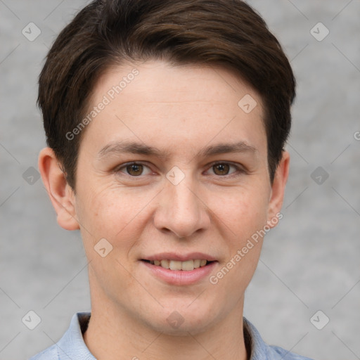 Joyful white young-adult female with short  brown hair and grey eyes