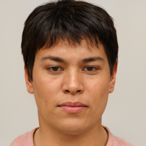 Neutral asian young-adult male with short  brown hair and brown eyes