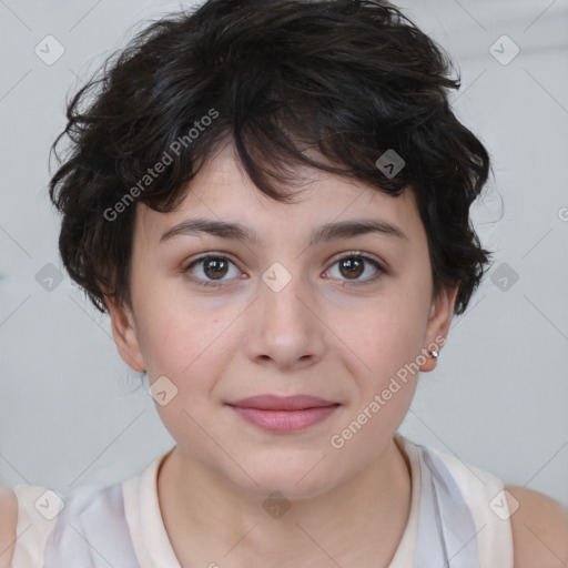 Joyful white child female with medium  brown hair and brown eyes