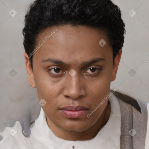 Neutral latino young-adult female with short  brown hair and brown eyes