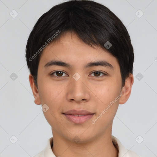 Joyful asian young-adult male with short  brown hair and brown eyes