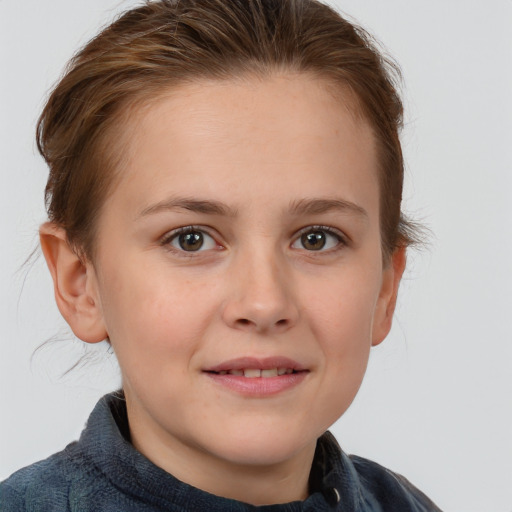 Joyful white child female with medium  brown hair and grey eyes