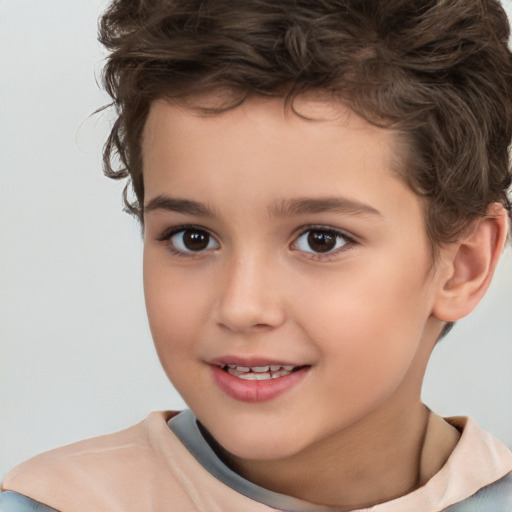 Joyful white child female with short  brown hair and brown eyes