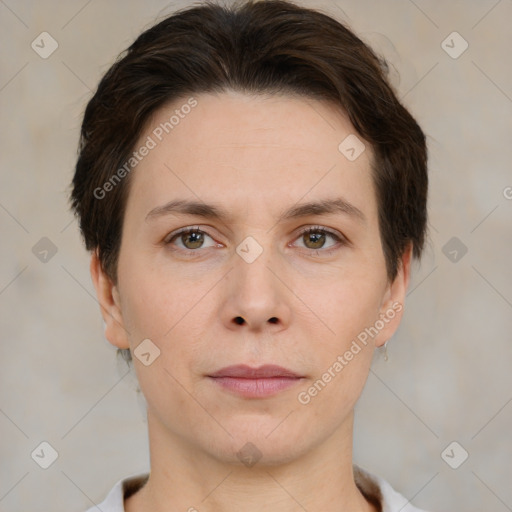 Neutral white young-adult female with short  brown hair and brown eyes