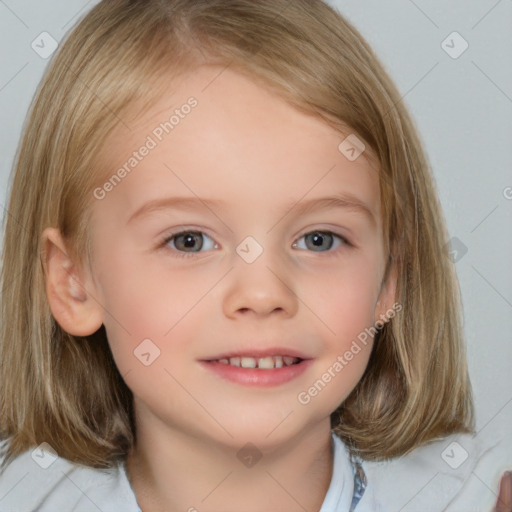 Joyful white child female with medium  brown hair and brown eyes