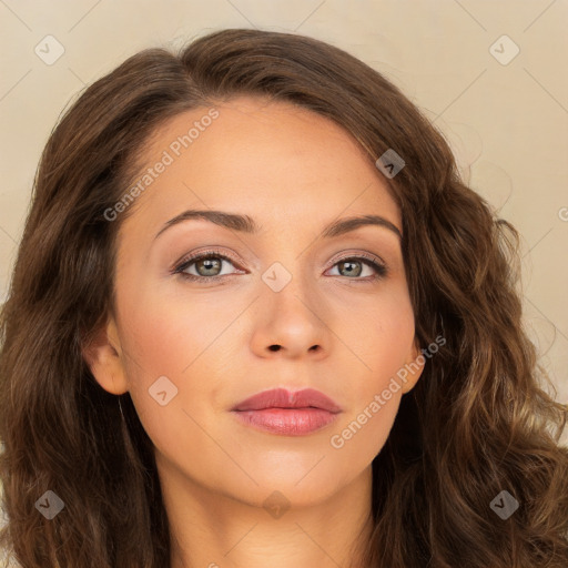 Neutral white young-adult female with long  brown hair and brown eyes