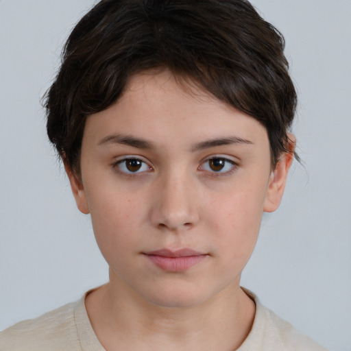 Neutral white young-adult female with short  brown hair and brown eyes