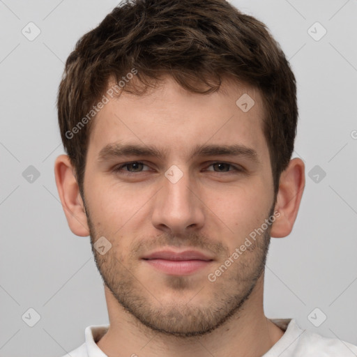 Neutral white young-adult male with short  brown hair and brown eyes