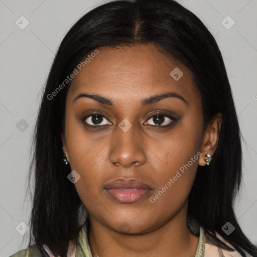 Neutral asian young-adult female with medium  black hair and brown eyes