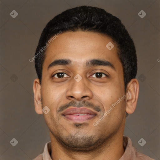 Neutral latino young-adult male with short  black hair and brown eyes