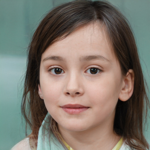 Joyful white child female with medium  brown hair and brown eyes