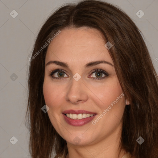 Joyful white young-adult female with long  brown hair and brown eyes