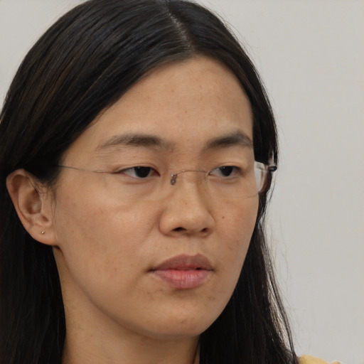 Neutral asian adult female with long  brown hair and brown eyes
