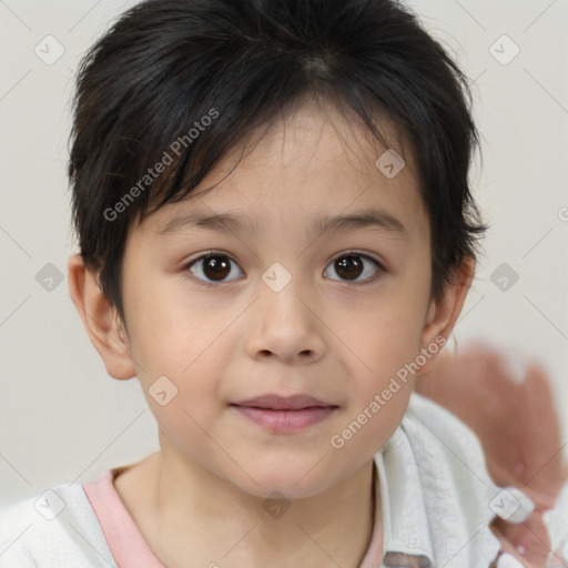 Joyful white child female with short  brown hair and brown eyes