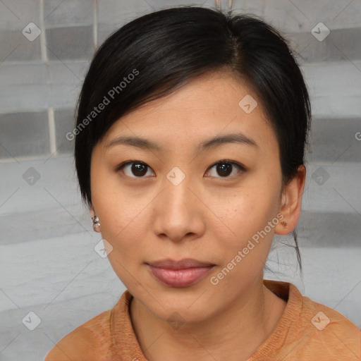 Neutral asian young-adult female with medium  brown hair and brown eyes