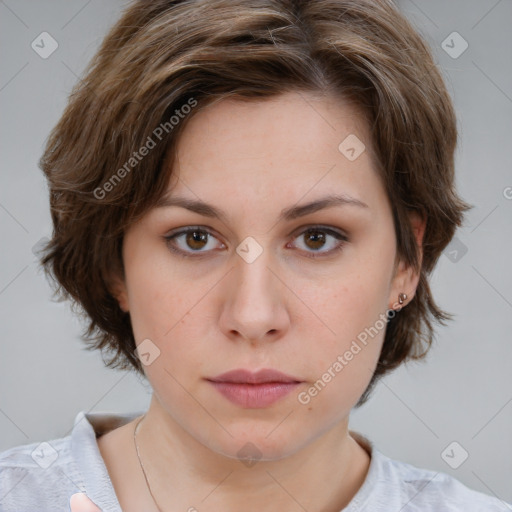 Neutral white young-adult female with medium  brown hair and brown eyes