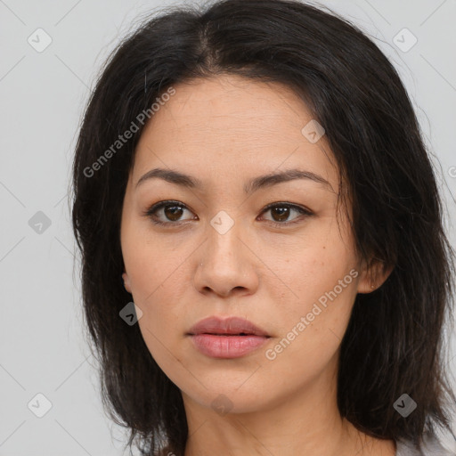 Neutral asian young-adult female with long  brown hair and brown eyes