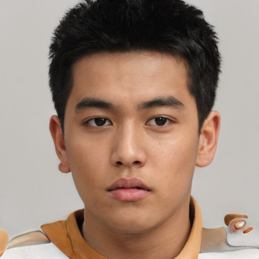 Neutral asian young-adult male with short  black hair and brown eyes