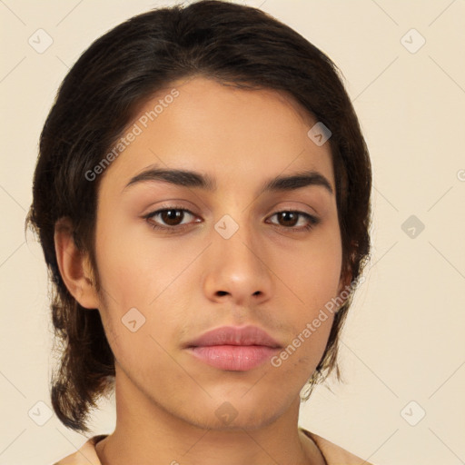 Neutral white young-adult female with medium  brown hair and brown eyes