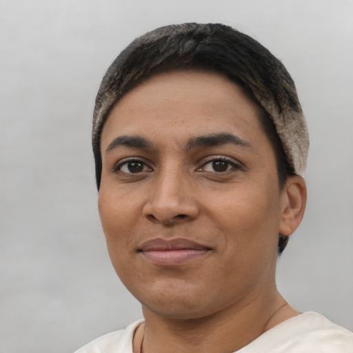 Joyful latino young-adult female with short  black hair and brown eyes