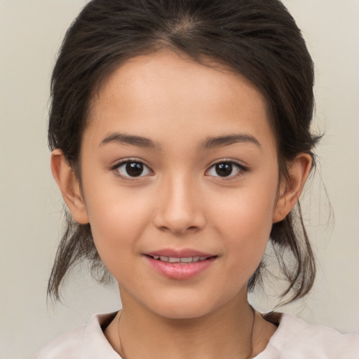 Joyful white child female with medium  brown hair and brown eyes