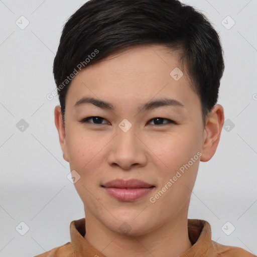 Joyful asian young-adult female with short  brown hair and brown eyes