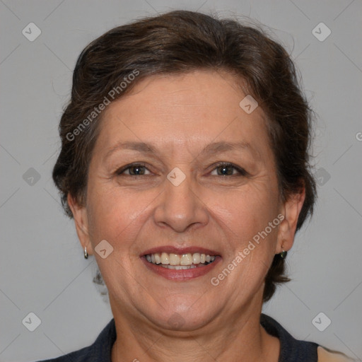 Joyful white adult female with short  brown hair and brown eyes