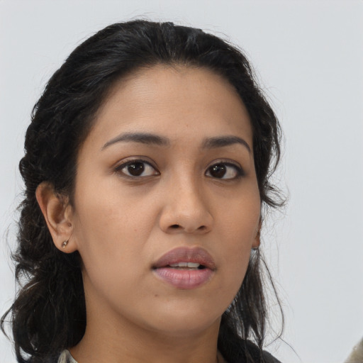 Neutral asian young-adult female with long  brown hair and brown eyes