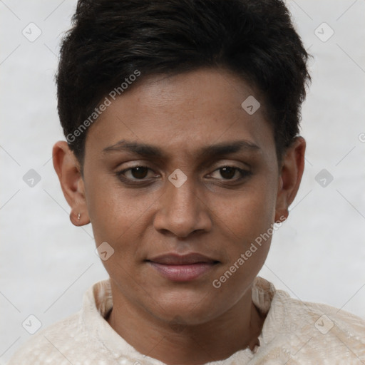 Joyful latino young-adult female with short  brown hair and brown eyes