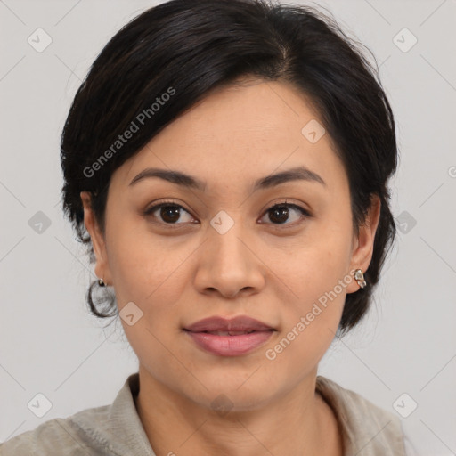 Joyful white young-adult female with medium  brown hair and brown eyes