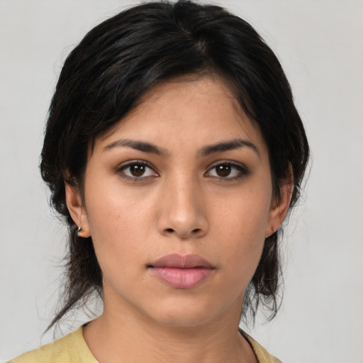 Neutral asian young-adult female with medium  black hair and brown eyes