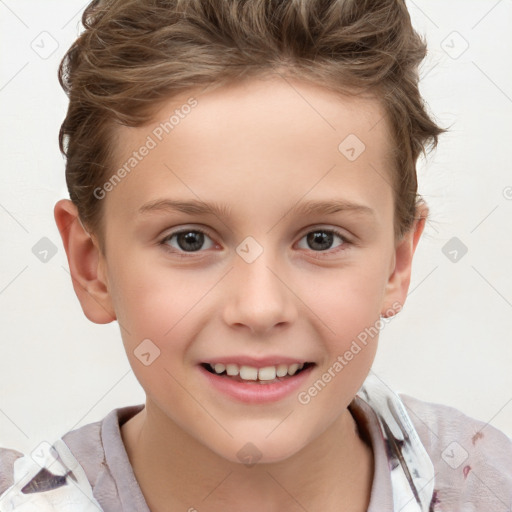 Joyful white child female with short  brown hair and grey eyes