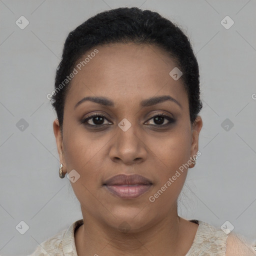 Joyful black young-adult female with short  brown hair and brown eyes