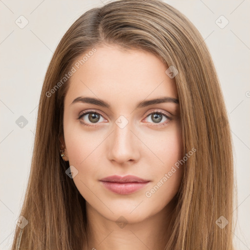 Neutral white young-adult female with long  brown hair and brown eyes