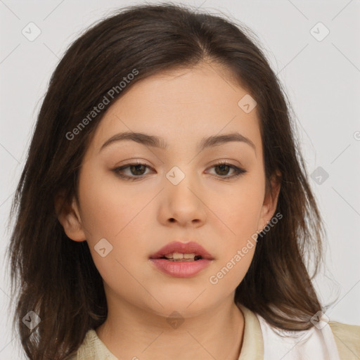 Neutral asian young-adult female with medium  brown hair and brown eyes