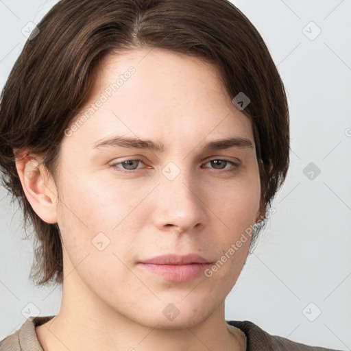 Neutral white young-adult male with medium  brown hair and grey eyes