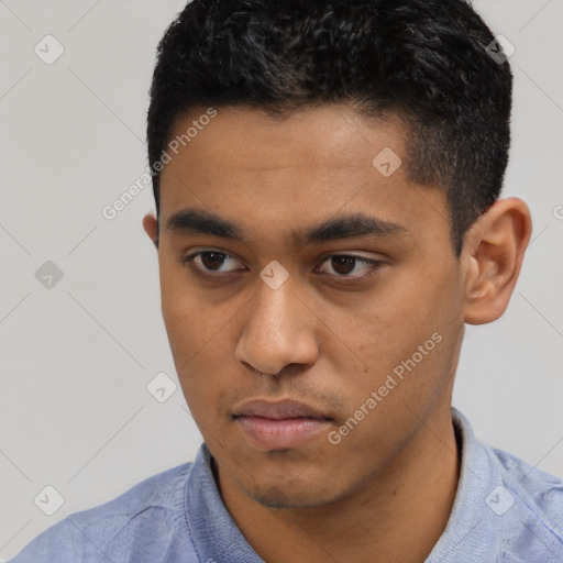 Neutral black young-adult male with short  black hair and brown eyes