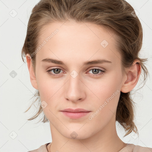 Neutral white young-adult female with medium  brown hair and brown eyes