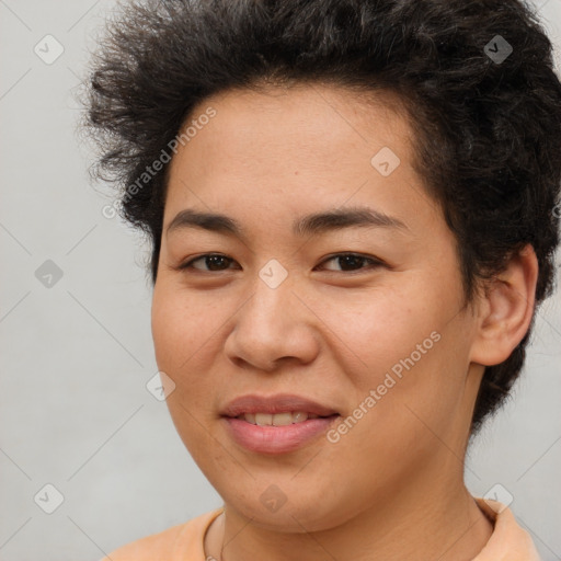 Joyful asian young-adult female with short  brown hair and brown eyes