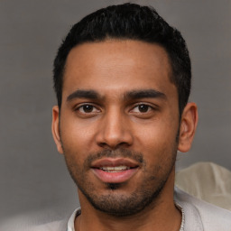 Neutral latino young-adult male with short  black hair and brown eyes