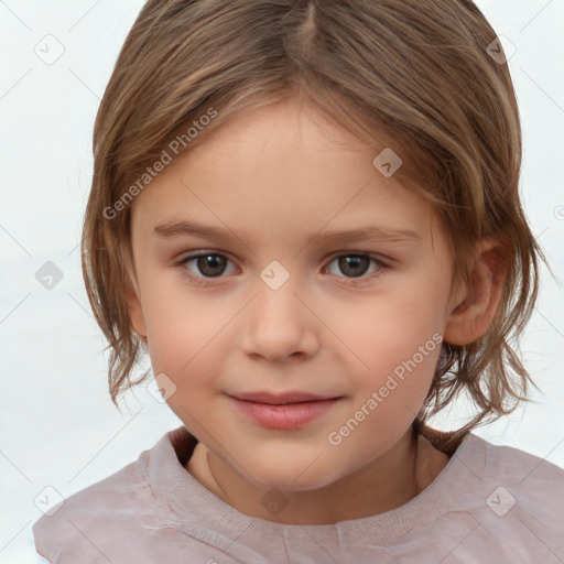 Joyful white child female with medium  brown hair and brown eyes