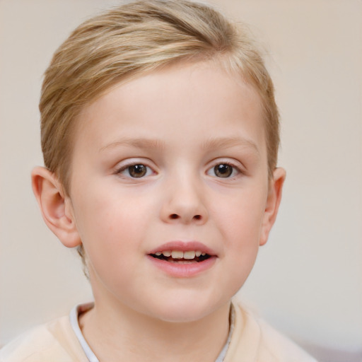 Joyful white child female with short  brown hair and brown eyes