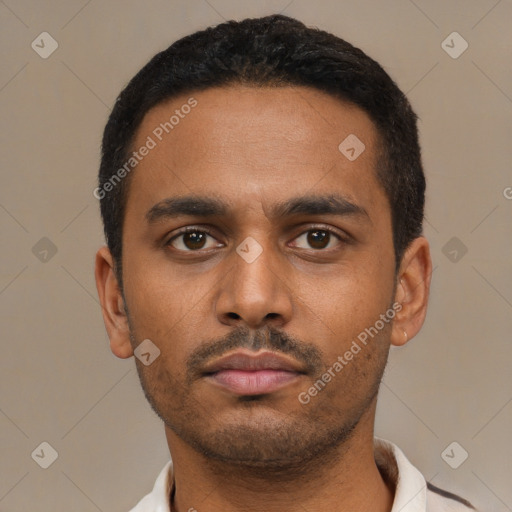 Neutral latino young-adult male with short  black hair and brown eyes